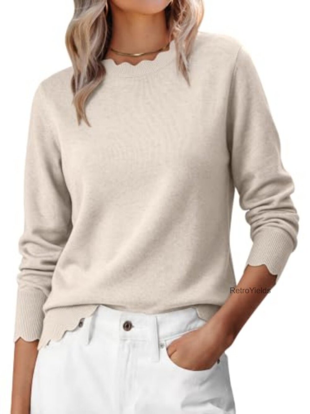 Lightweight Knit Pullover Sweater Scallop Edge Blouson Sleeve Women's